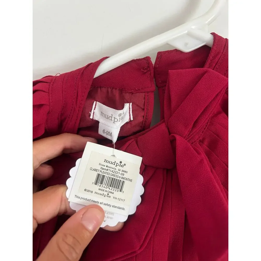 Mudpie Infant Girls 6-9 months Claret Pleated Dress – Holiday Party Outfit NWT